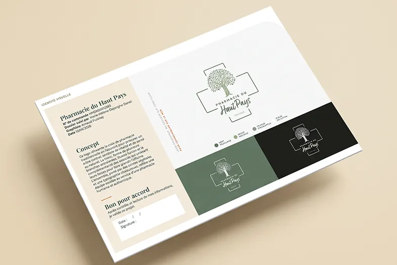Document présentant divers logos pour Pharmacie du Haut Pays avec un arbre et une croix verte.