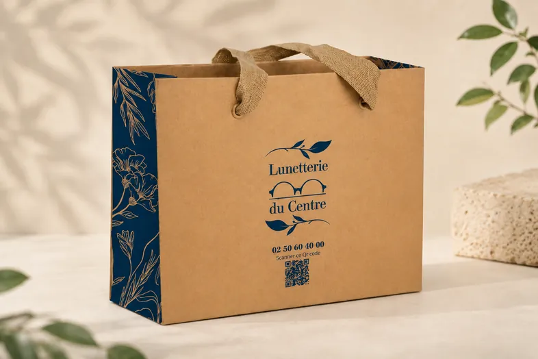 Sac en papier avec design floral bleu et texte Lunetterie du Centre avec QR code.
