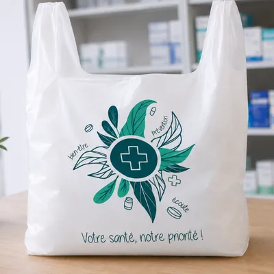 Sac plastique blanc avec un logo santé vert et bleu et le texte « Votre santé, notre priorité ! ».