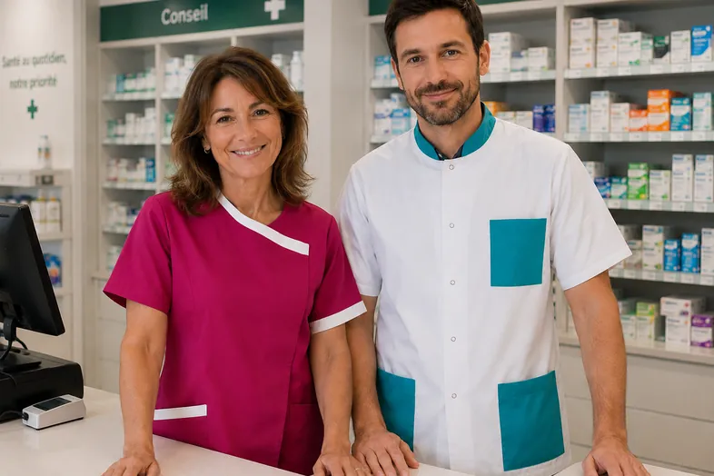 Deux pharmaciens souriants portant des blouses colorées debout au comptoir d'une pharmacie.
