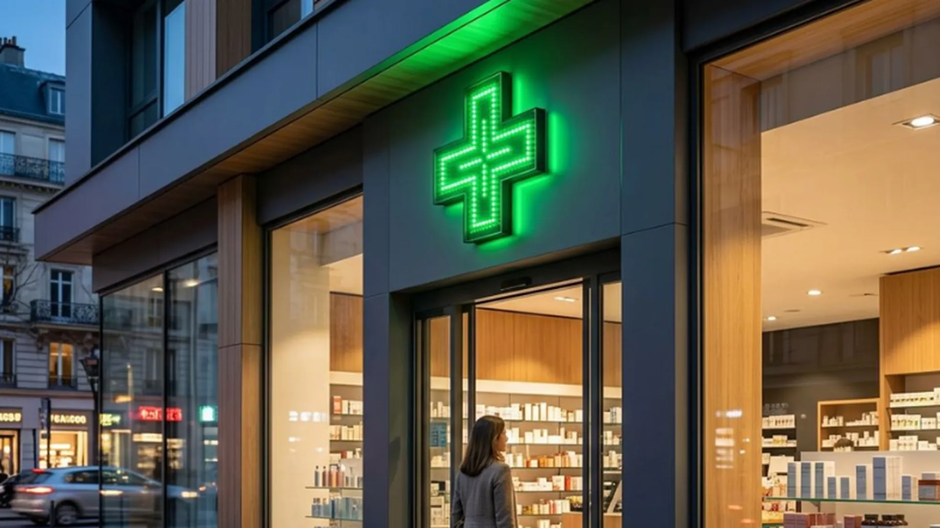 Une femme entre dans une pharmacie avec une croix verte lumineuse au-dessus de la porte.