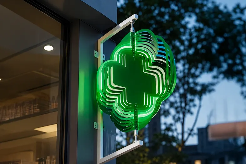 Enseigne lumineuse verte en forme de croix suspendue à côté d'une vitrine au crépuscule.