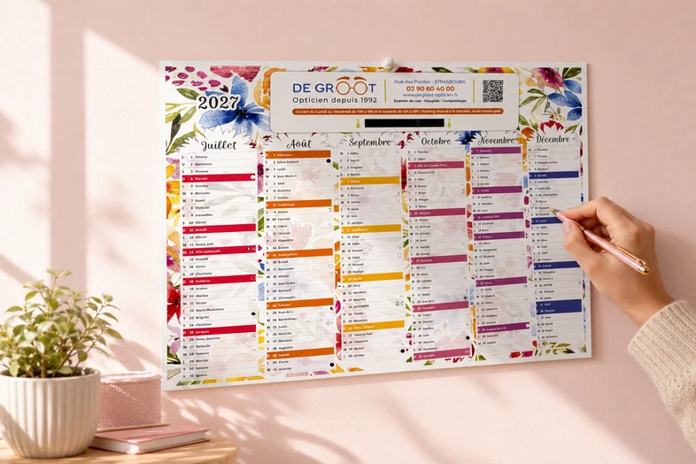 Calendrier mural floral 2027 affiché avec main tenant un stylo pour écrire.