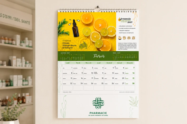 Calendrier février 2027 avec photos d'agrumes et logo Pharmacie de Saint-Mamert du Gard.