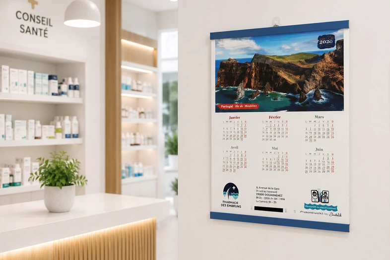 Calendrier mural 2023 en pharmacie avec photo de la côte de Madère au Portugal.