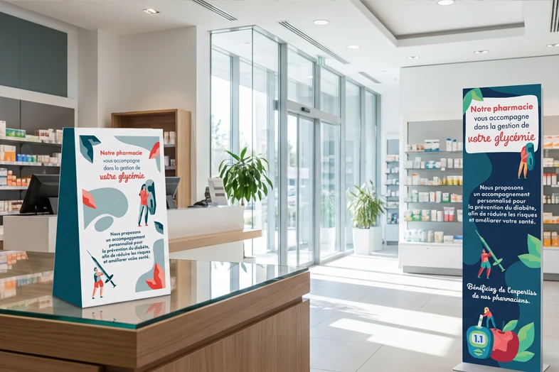 Affiche en pharmacie proposant un accompagnement personnalisé pour prévenir le diabète et gérer la glycémie.