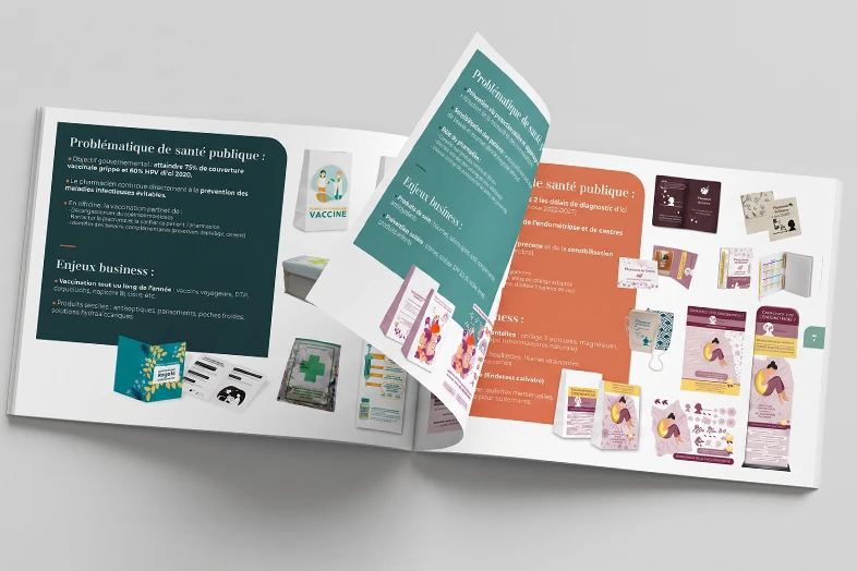 Pages ouvertes d'un livret montrant des informations sur la santé publique et des illustrations de produits.