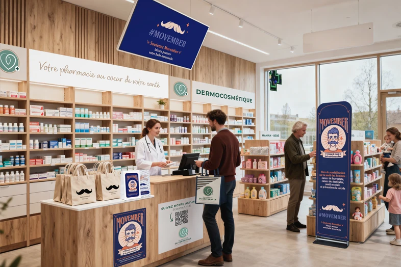 Intérieur d'une pharmacie avec une femme pharmacienne, clients, et affiches Movember pour sensibilisation santé homme.
