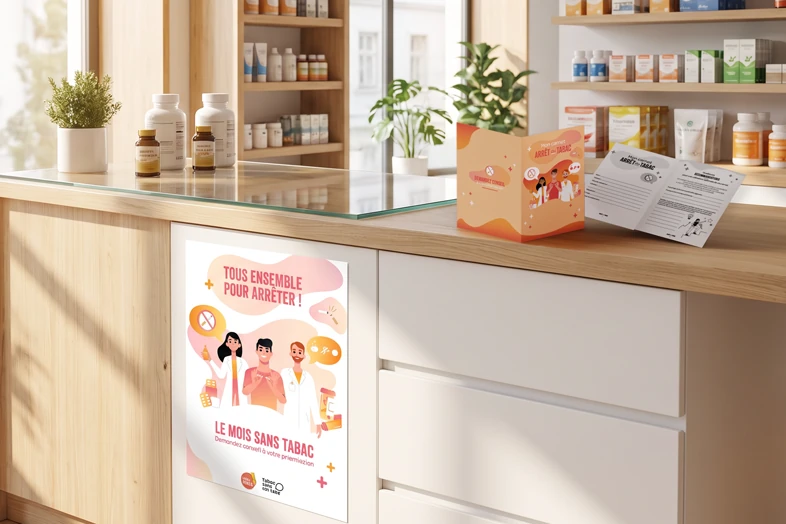 Comptoir de pharmacie avec affiche et dépliants sur le mois sans tabac pour arrêter de fumer.