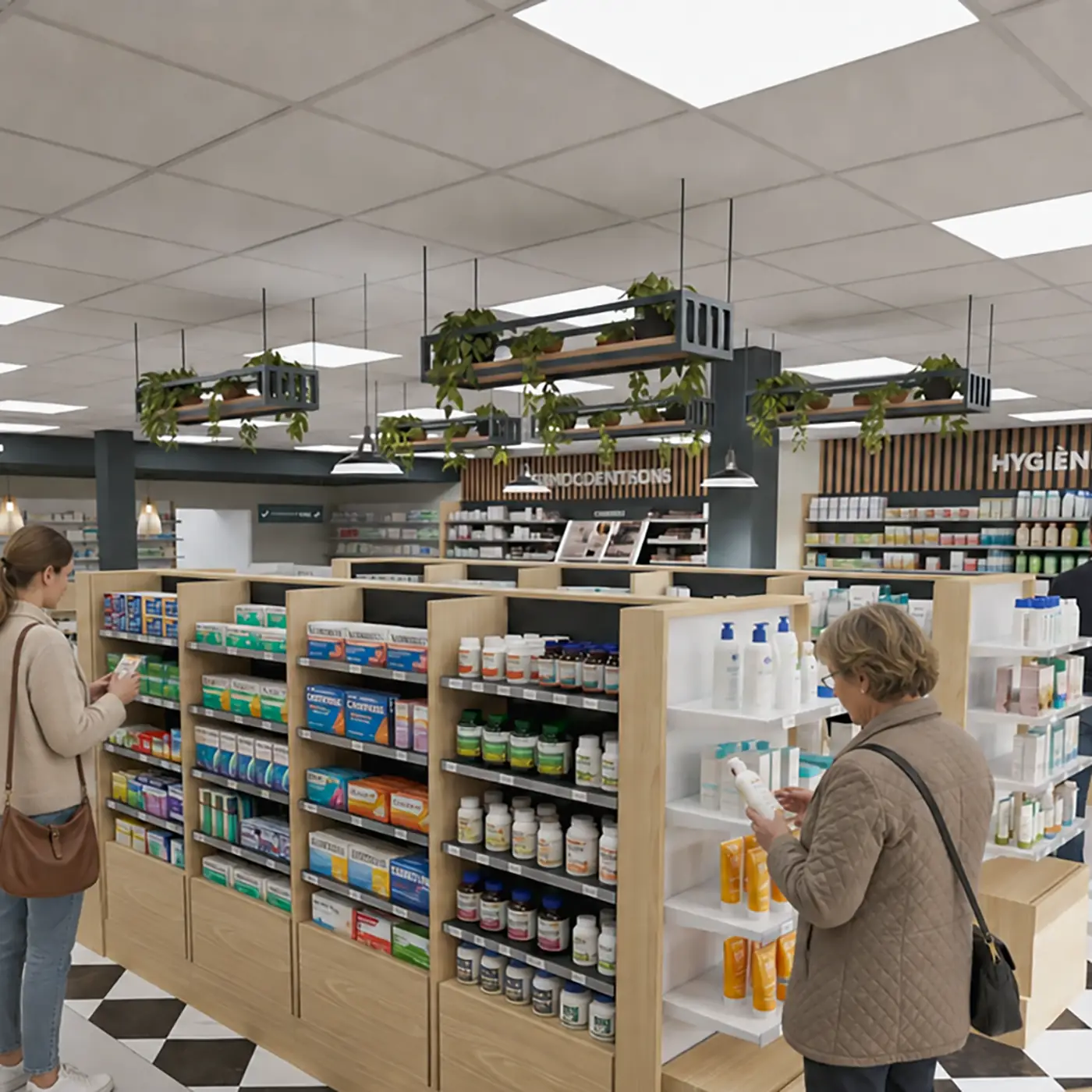 Intérieur d'une pharmacie avec deux clientes choisissant des produits sur des étagères en bois.