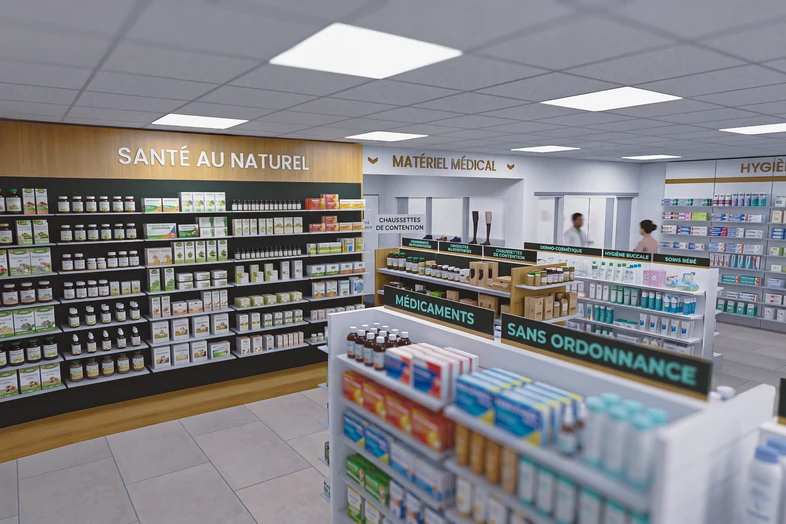 Intérieur d'une pharmacie avec des rayons étiquetés santé naturelle, matériel médical, médicaments et hygiène.