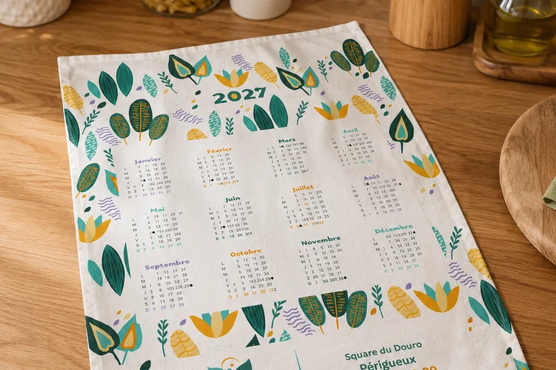 Calendrier 2027 sur un torchon avec décorations florales vertes, jaunes et violettes, posé sur une surface en bois.