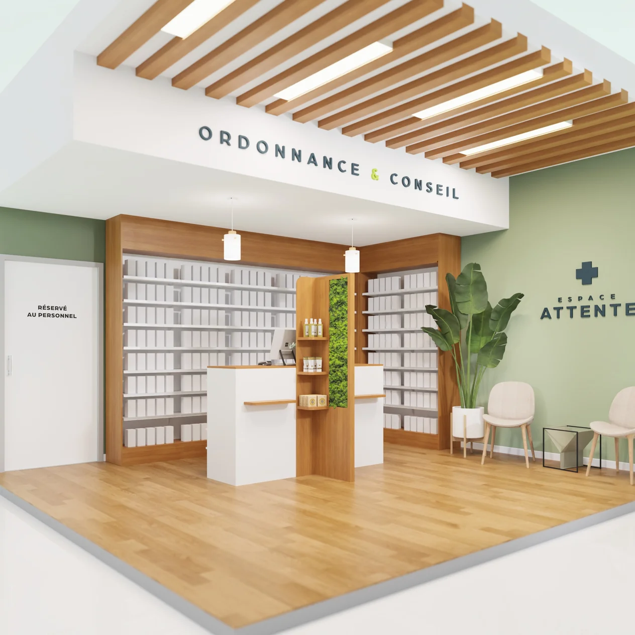 Intérieur lumineux d'une pharmacie avec comptoir, étagères, espace attente et décor vert naturel.
