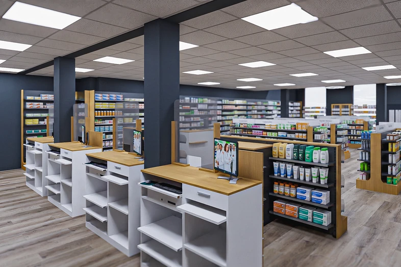 Intérieur lumineux d'une pharmacie avec comptoirs blancs, écrans et étagères remplies de produits médicaux.