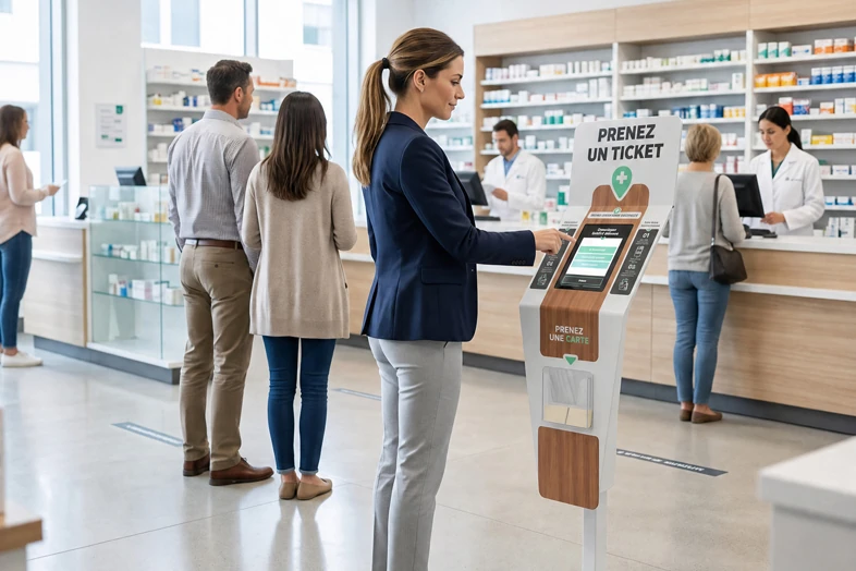 Une femme utilise une borne pour prendre un ticket dans une pharmacie avec d'autres clients en attente.