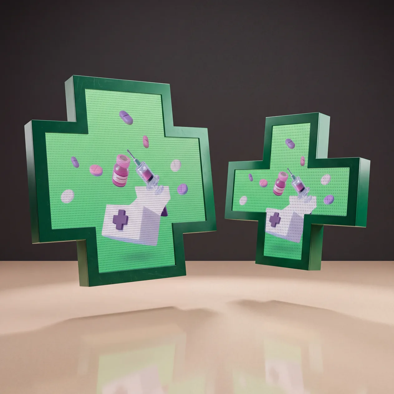 Deux écrans croix médicale avec un dessin de médicaments et une trousse de premiers soins.