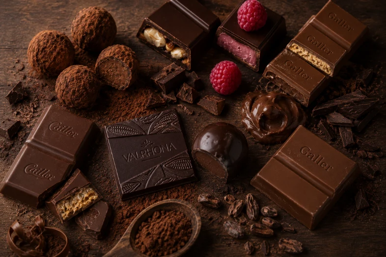Assortiment de chocolats fins, truffes, carrés, fruits rouges et poudre de cacao sur fond en bois.