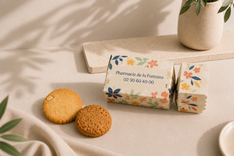 Boîte cadeau fleurie avec le texte Pharmacie de la Fontaine et deux biscuits posés sur une table claire.