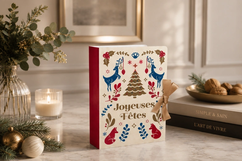 Coffret festif avec motifs de cerfs, sapin et rongeurs, texte Joyeuses Fêtes, sur table décorée.