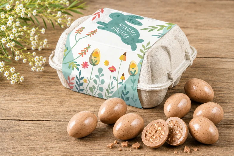 Boîte d'œufs en chocolat avec fleurs décoratives et œufs chocolatés sur une table en bois.