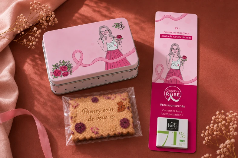 Boîte rose illustrée, biscuit décoré et marque-page rose sur la lutte contre le cancer du sein.