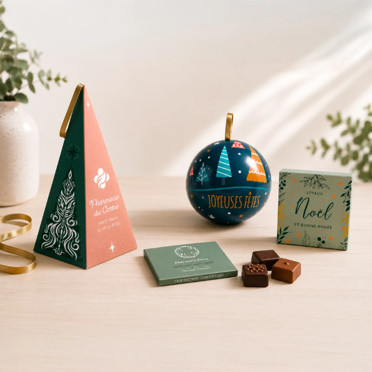 Coffrets cadeaux festifs avec chocolats, décorations et emballages de Noël sur une surface en bois.