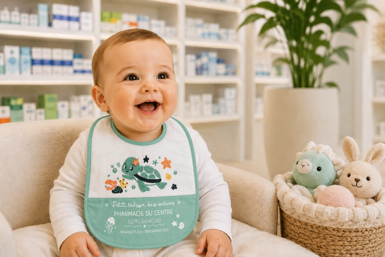 Bébé souriant portant un bavoir vert avec une tortue, assis près d'un panier de peluches.