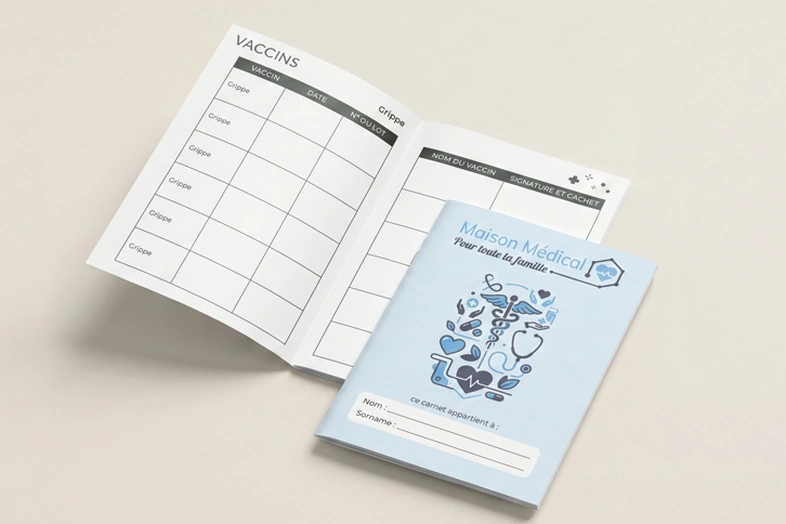 Carnet médical bleu avec des symboles de santé à côté d'une page ouverte listant les vaccins contre la grippe.