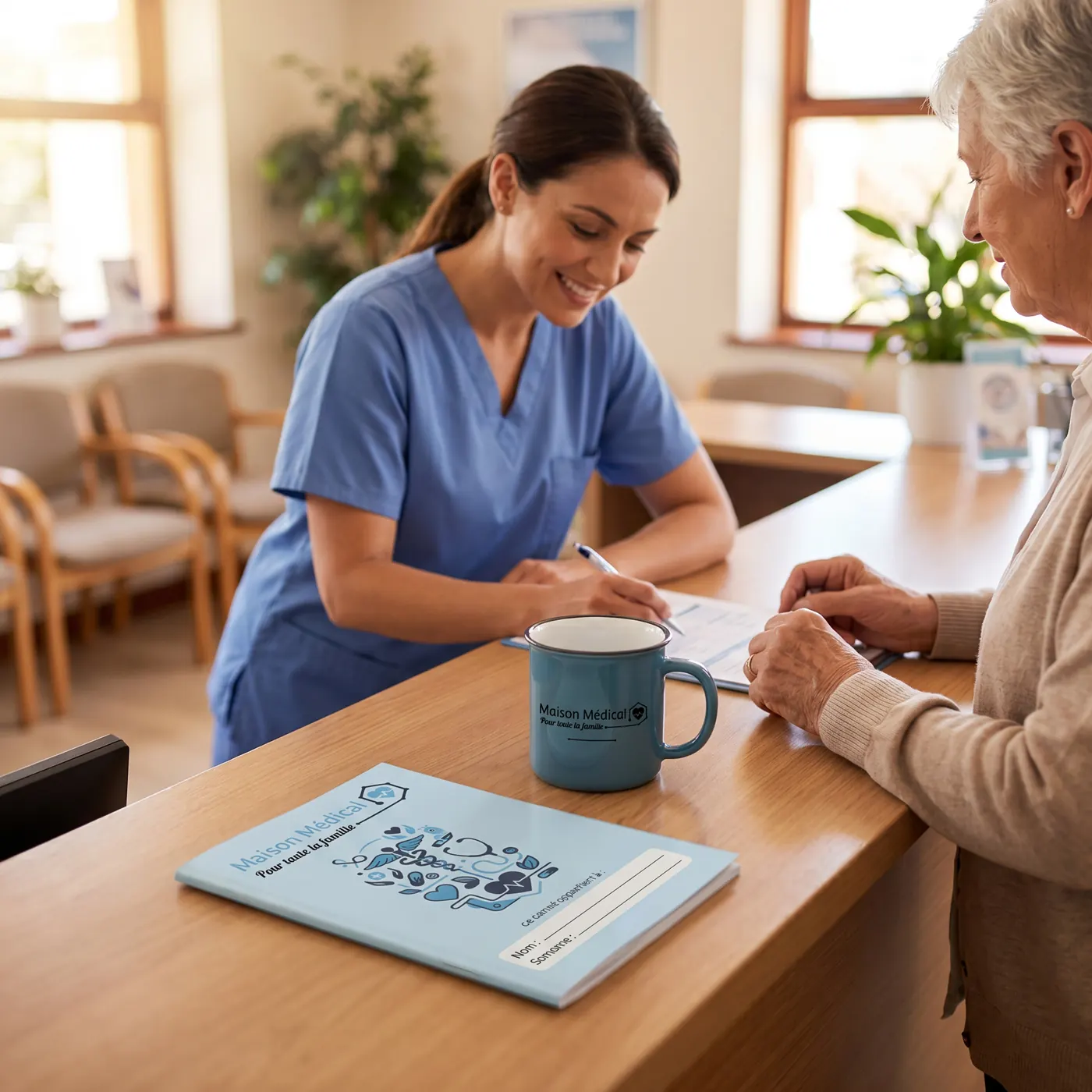 Une infirmière souriante aide une patiente âgée à remplir un formulaire à la réception d'une clinique.