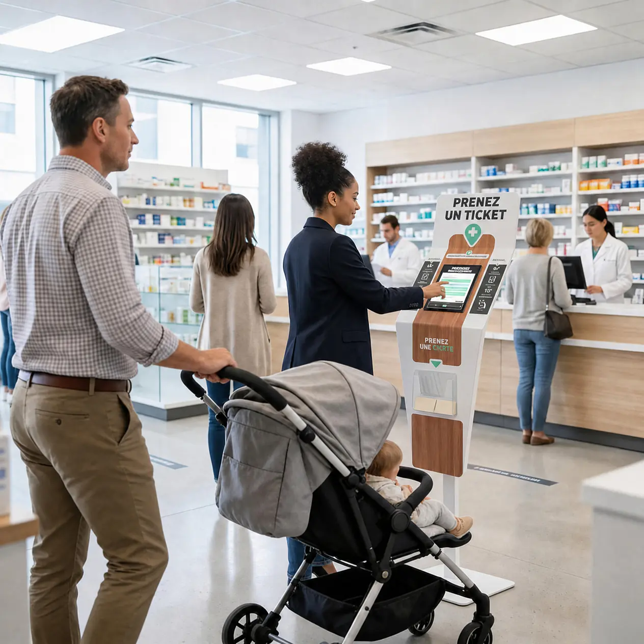 Une femme utilise une borne pour prendre un ticket dans une pharmacie avec d'autres clients.