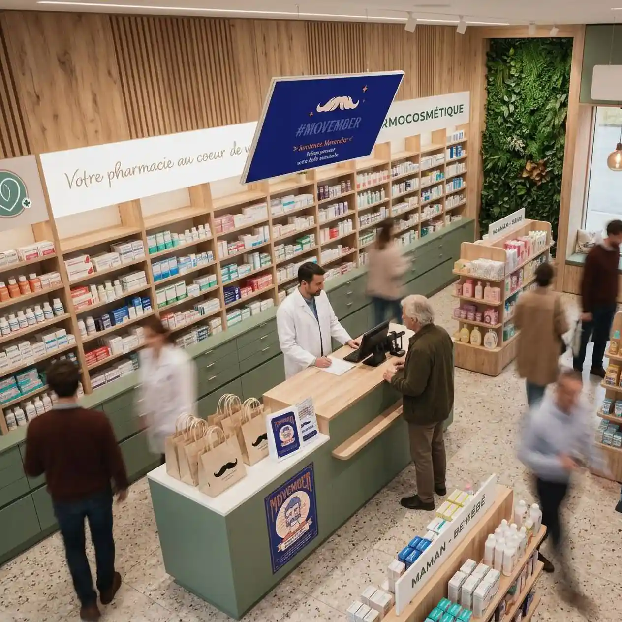 Pharmacie animée avec un pharmacien en blouse blanche au comptoir et clients parcourant les étagères.