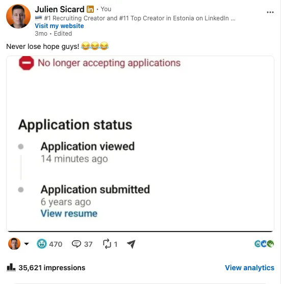 Screenshot of my LinkedIn post "Never lose hope guys!" showing 35,621 impressions, 470 reactions and 37 comments