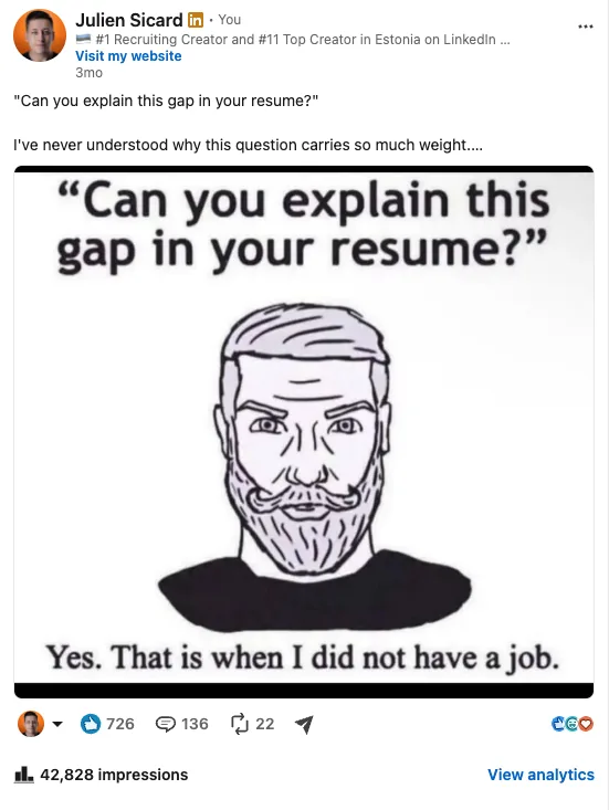 Screenshot of my LinkedIn post "Can you explain this gap in your resume?" showing 42,828 impressions, 726 reactions and 136 comments