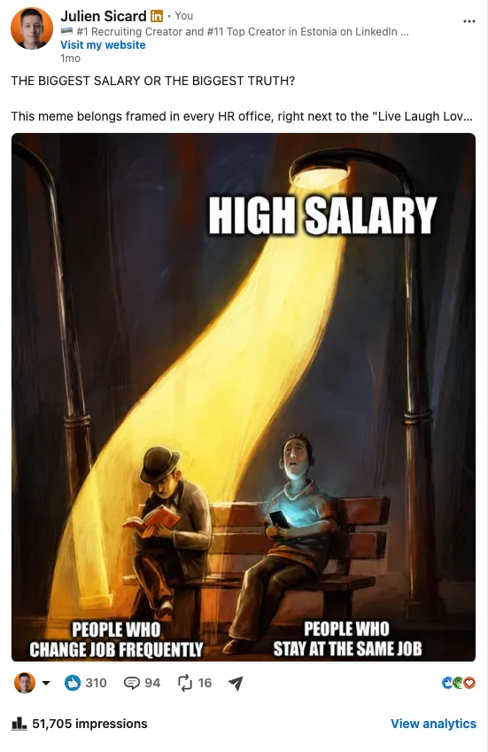 Screenshot of my LinkedIn post "The biggest salary or the biggest truth?" showing 51,705 impressions, 310 reactions and 94 comments