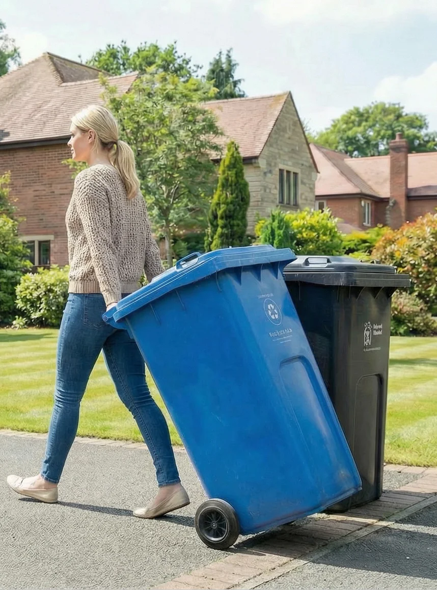Woman pulling a blue recycling bin on wheels past a black trash bin on a suburban driveway.
