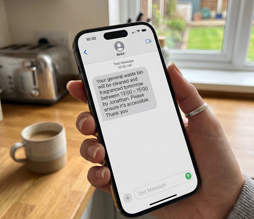 Hand holding a smartphone showing a text message about general waste bin cleaning and fragrancing scheduled for tomorrow between 13:00 - 15:00 by Jonathan, asking to ensure accessibility.