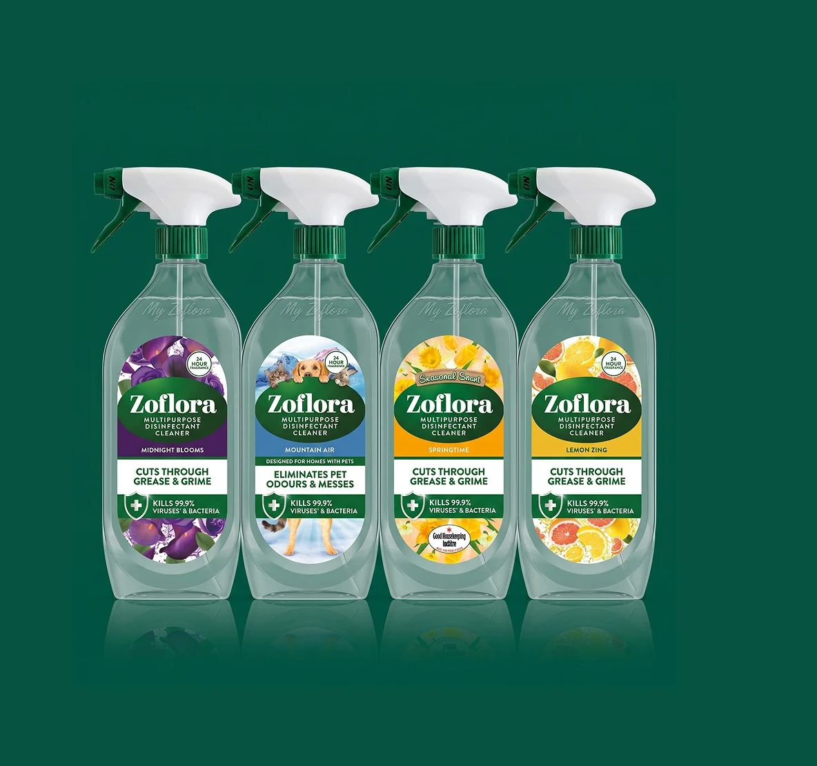 Four Zoflora multipurpose disinfectant cleaner spray bottles in scents Midnight Blooms, Mountain Air, Springtime, and Lemon Zing, each labeled to kill 99.9% viruses and bacteria.
