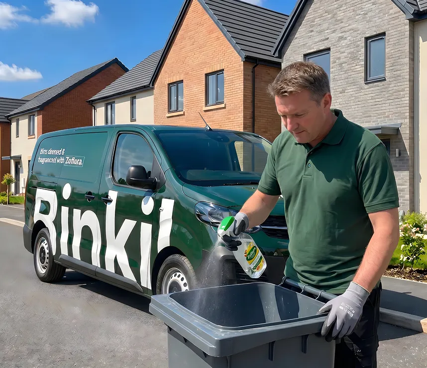 Man spraying a cleaning solution inside a gray trash bin in front of a green Binkil van parked on a residential street.