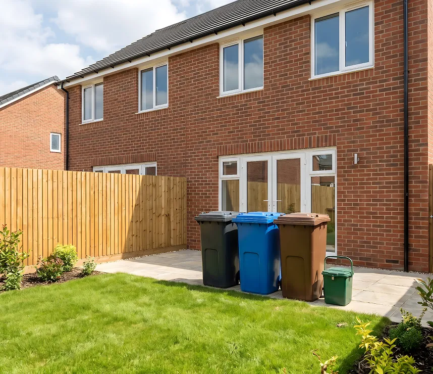 Backyard of a brick house with a wooden fence, green lawn, and four outdoor trash bins in black, blue, brown, and green.