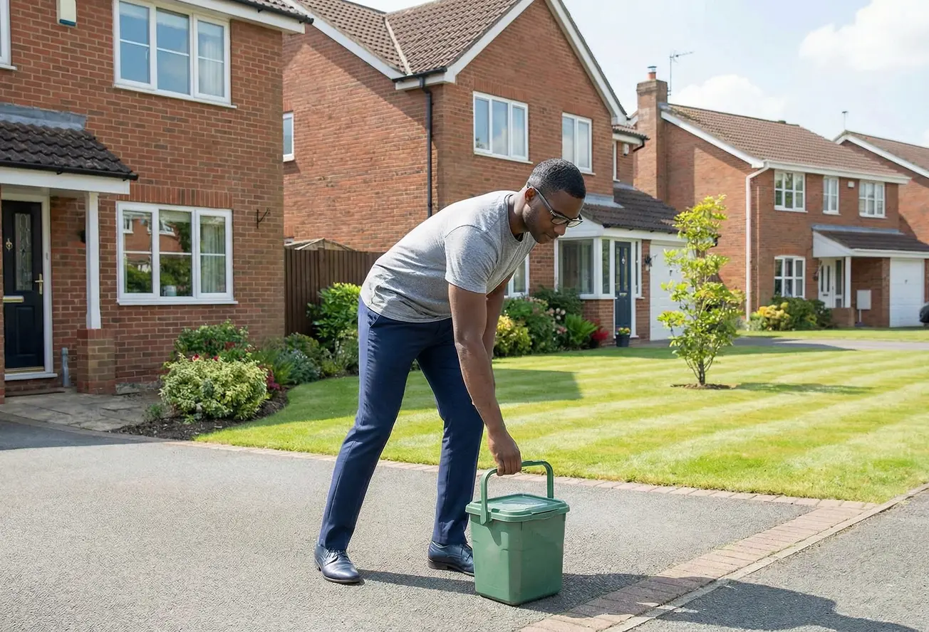 Man in glasses and casual clothes placing a small green bin on the pavement in front of suburban brick houses with neatly trimmed lawns.
