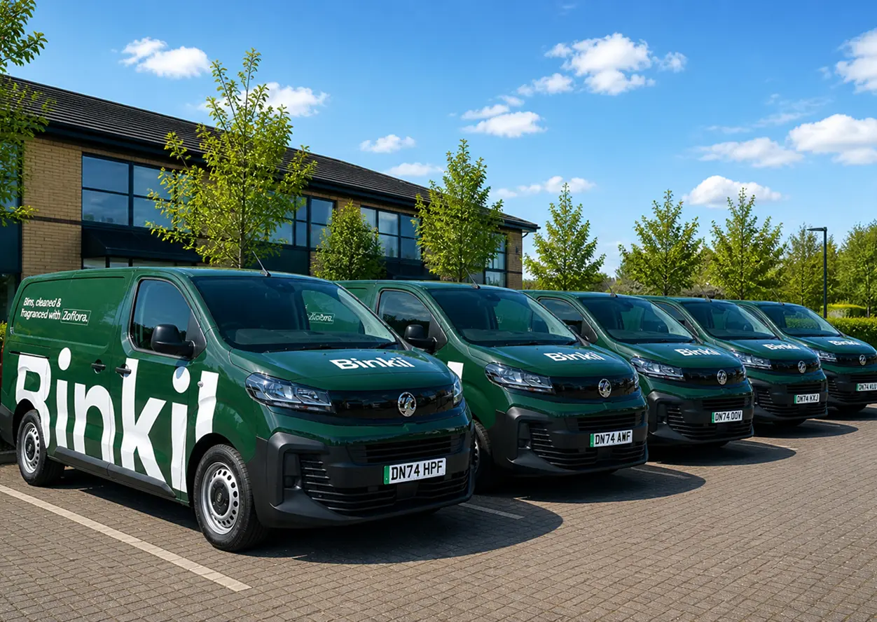 Row of green Binkil vans parked in a lot with trees and a building in the background under a clear blue sky.