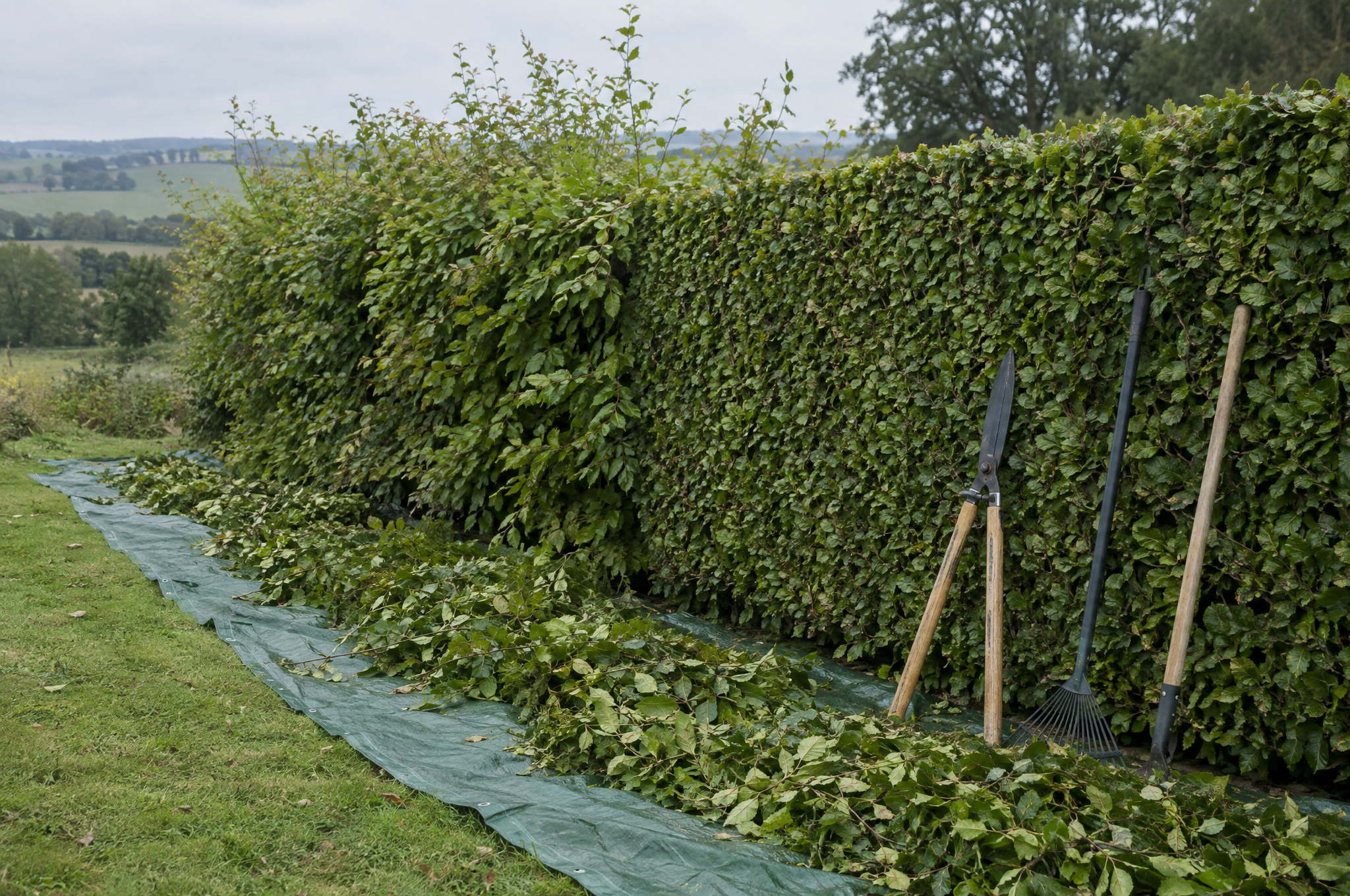 Tarpaulin of fresh clippings at the base of a hedge part way through cutting