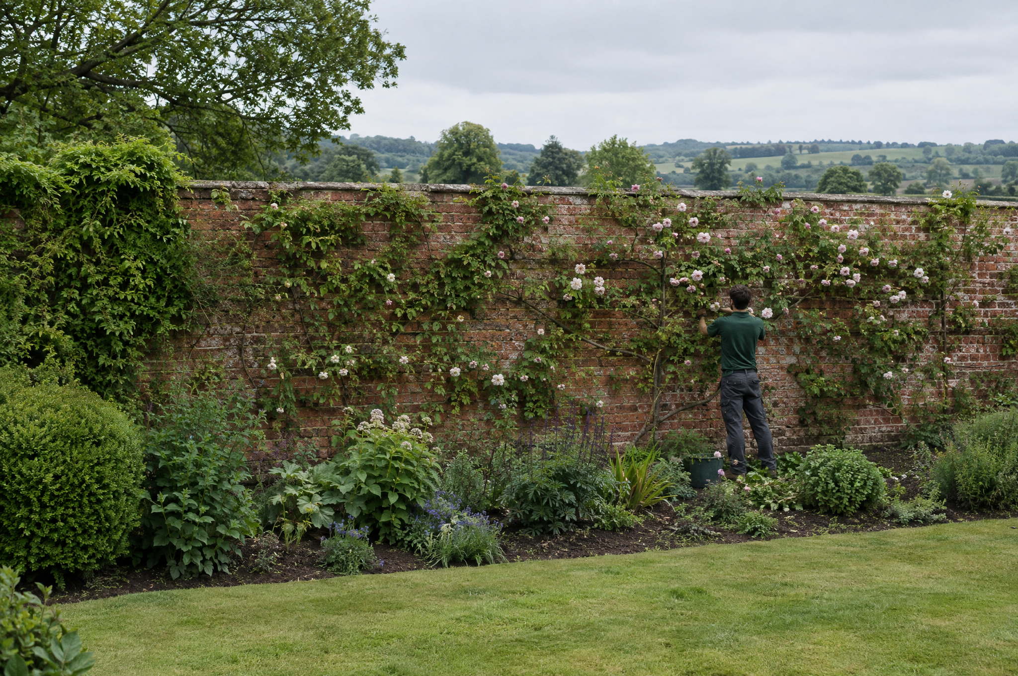 Gardener pruning a climbing rose trained across an old red brick wall