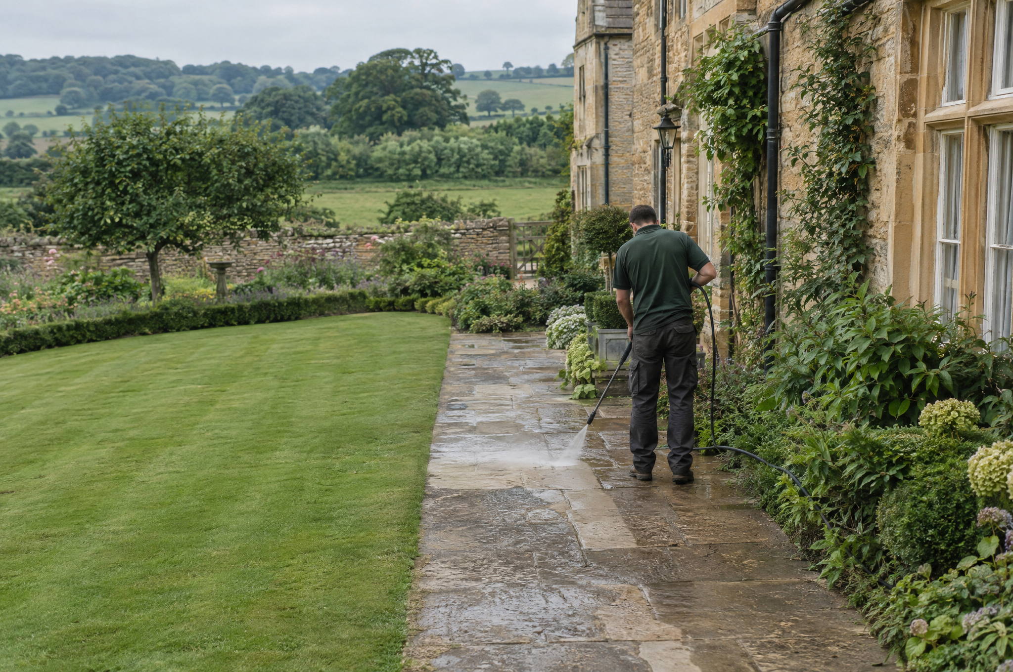 Gardener jet washing a stone path with a controlled fan of spray