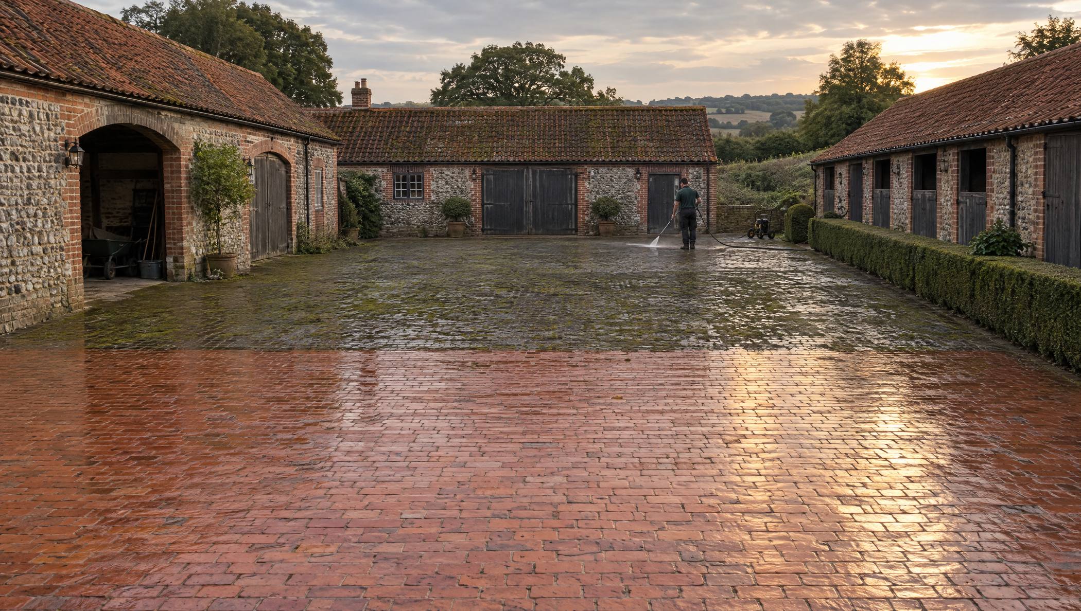 Old brick paved courtyard beside a flint and brick cart lodge, the near half cleaned back to warm red and the far half still mossy