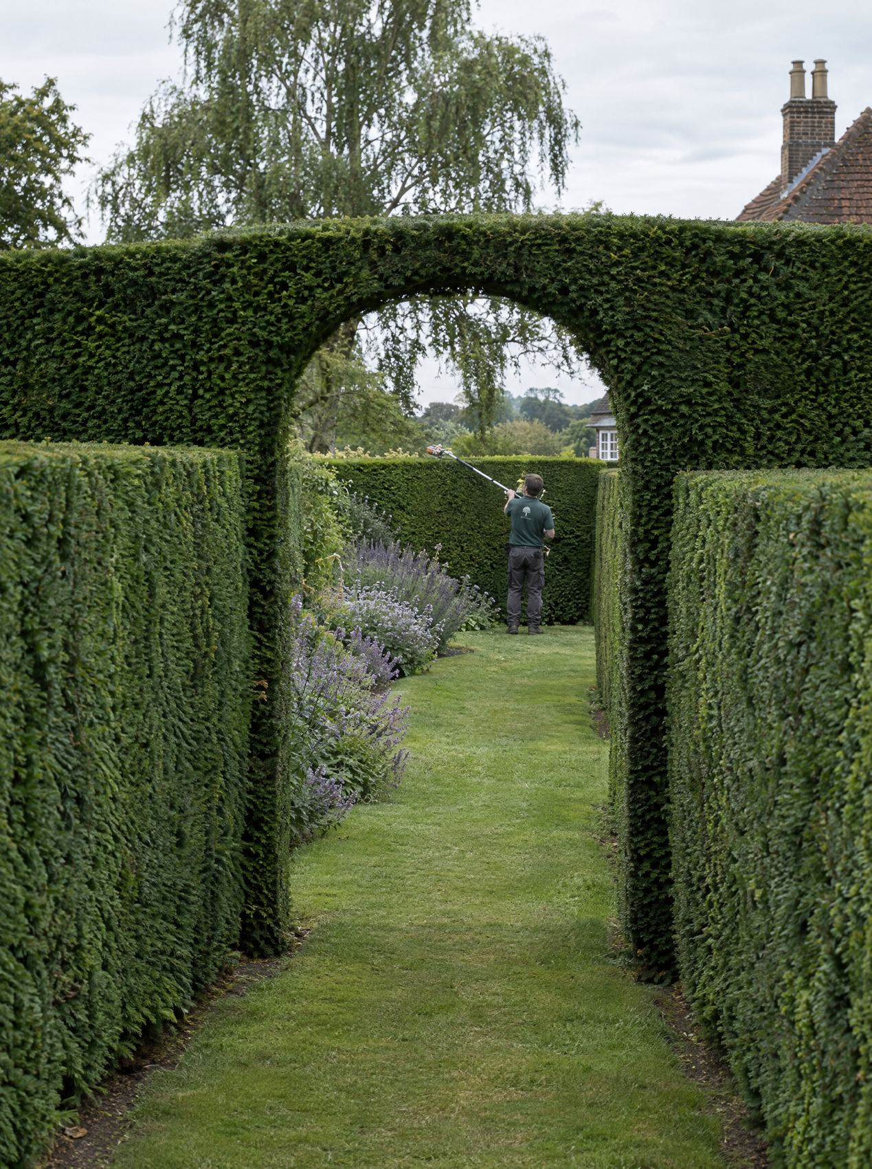 Clipped yew hedges with an arched opening in a country garden, cut to crisp faces and a level top, with a gardener trimming the far hedge