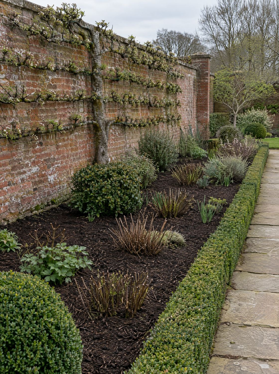 Box edged border freshly weeded and mulched, the shrubs cut back to clean shapes below an espaliered pear on an old brick wall