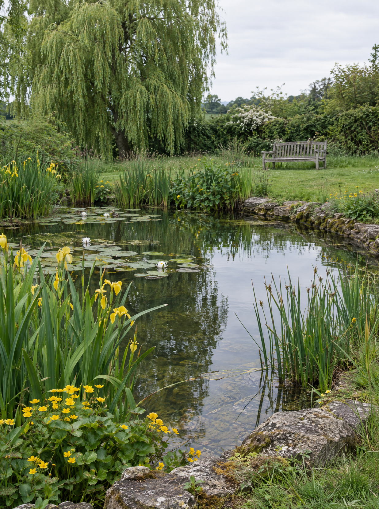 Wildlife pond with a stone edge, planted margins of iris and rush and water lilies in clear water
