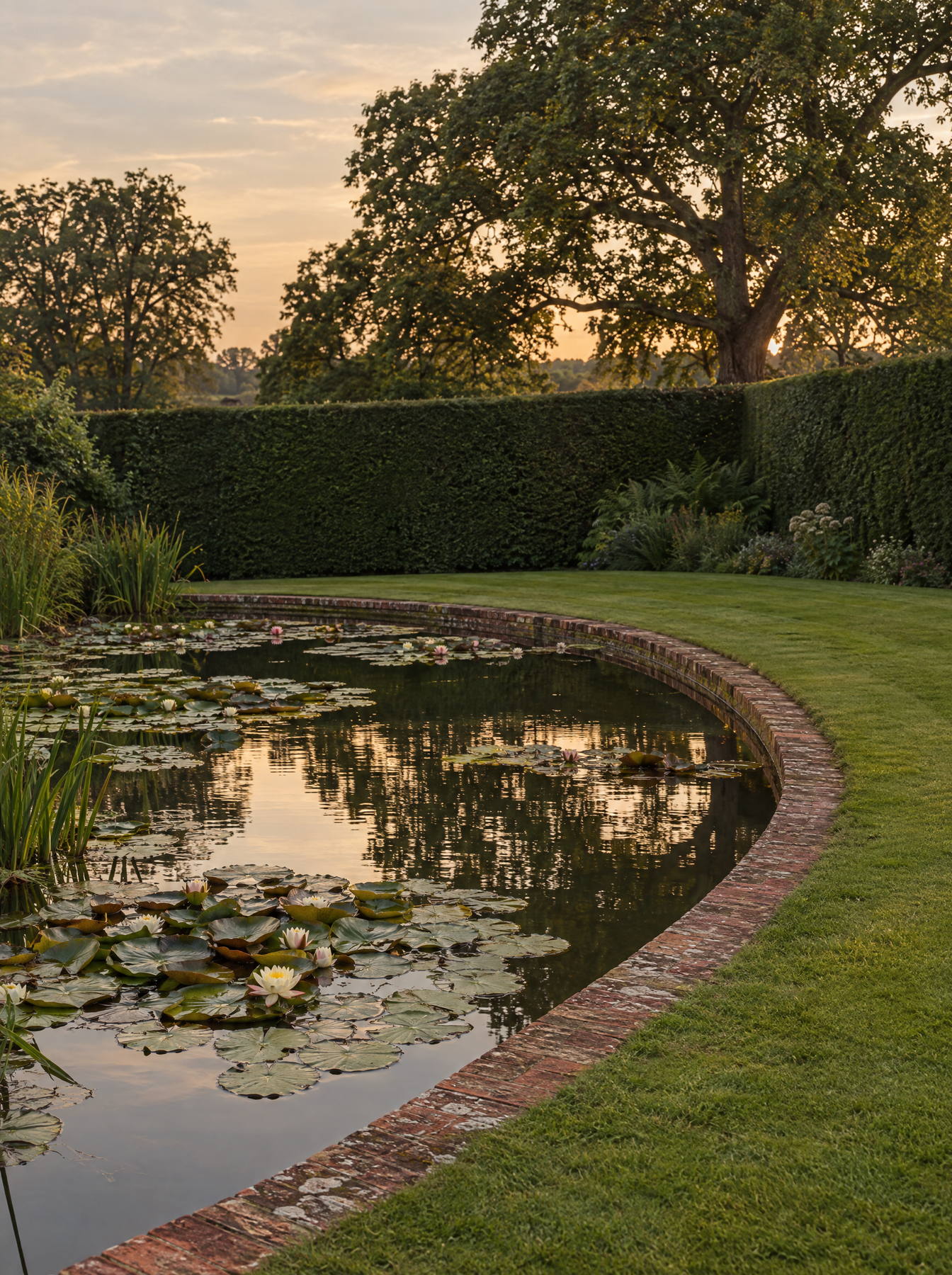 Curved lily pond edged in brick coping, with a mown lawn running to the edge and a beech hedge behind