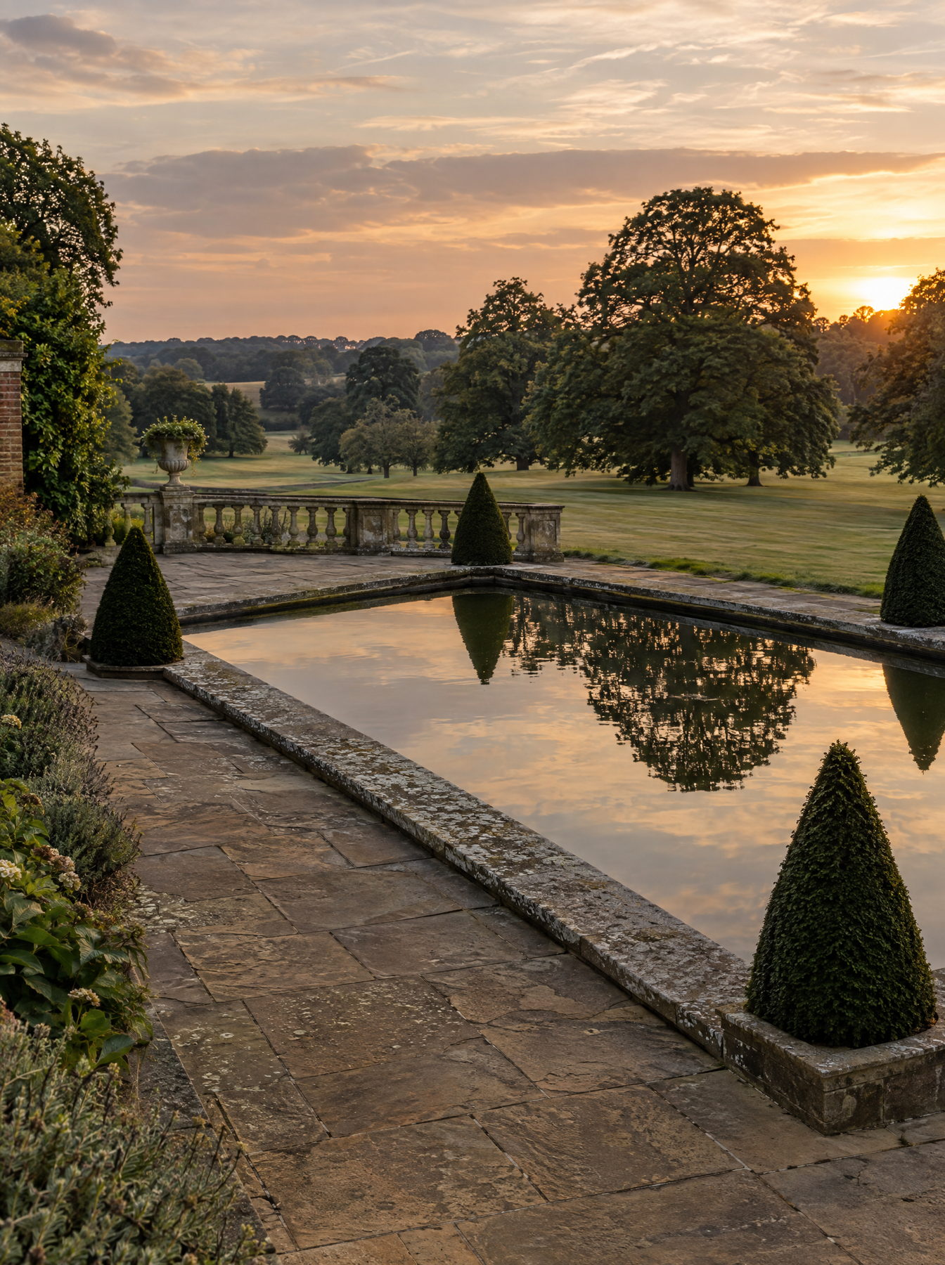 Stone terrace beside a formal reflecting pond in a country garden, with clipped yew and parkland beyond